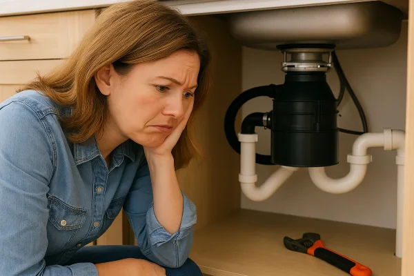 a sad woman looking at a broken garbage disposal