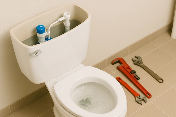 a toilet with some plumbing tools lying next to it on the floor