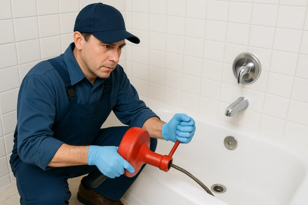 a plumber running a snake to clear a bathtub drain a plumber running a snake to clear a bathtub drain