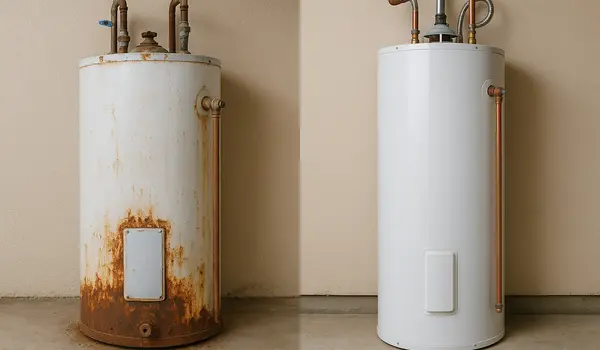 a rusted water heater next to a brand new water heater