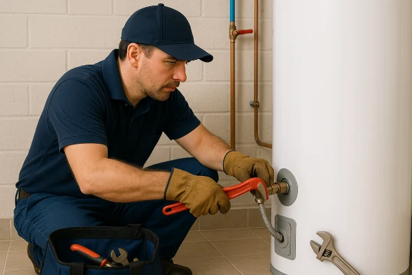 a male plumber working on a water heater connection